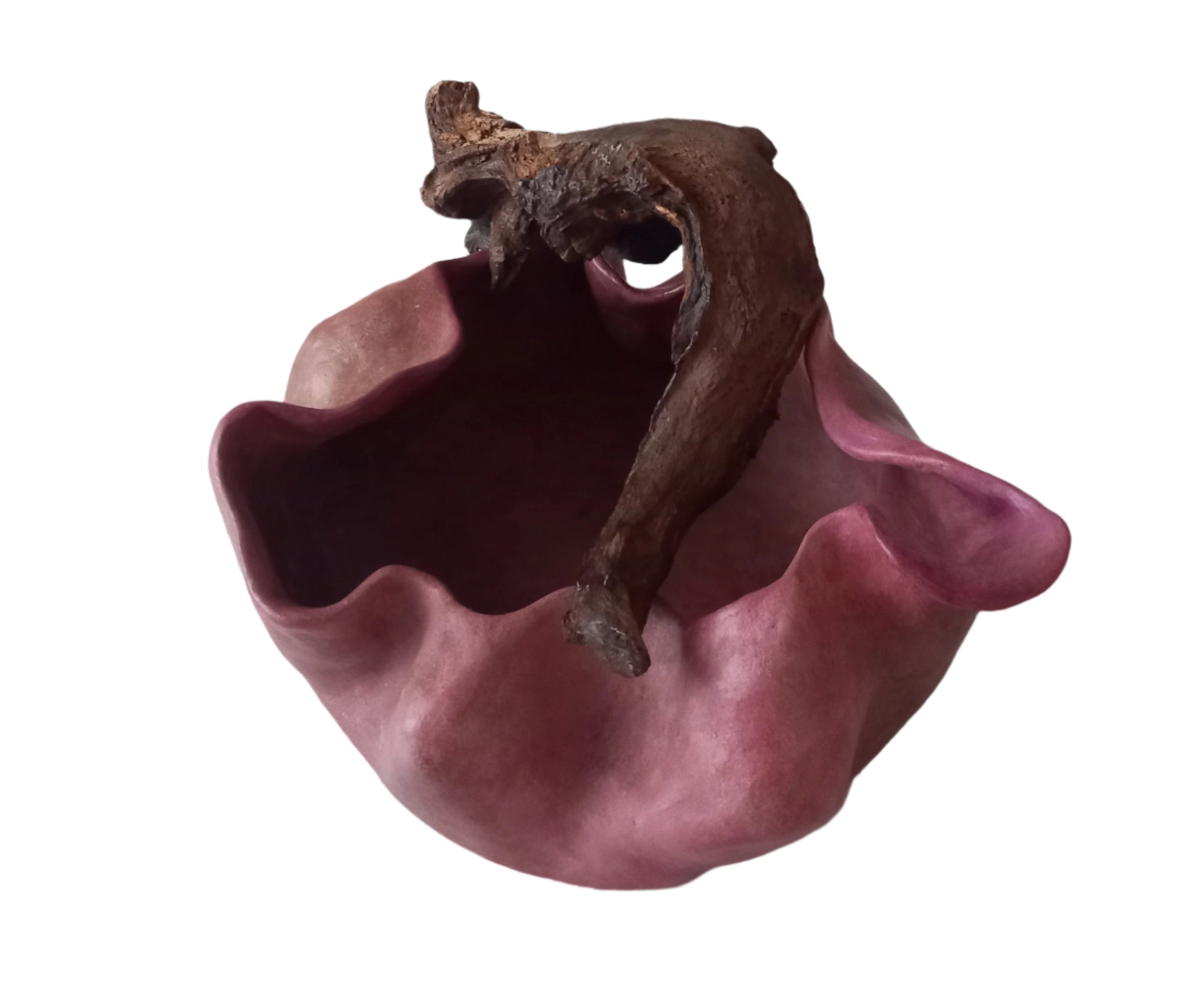Ciotola in ceramica fatta a mano in rosa palissandro con dettagli in legno di deriva