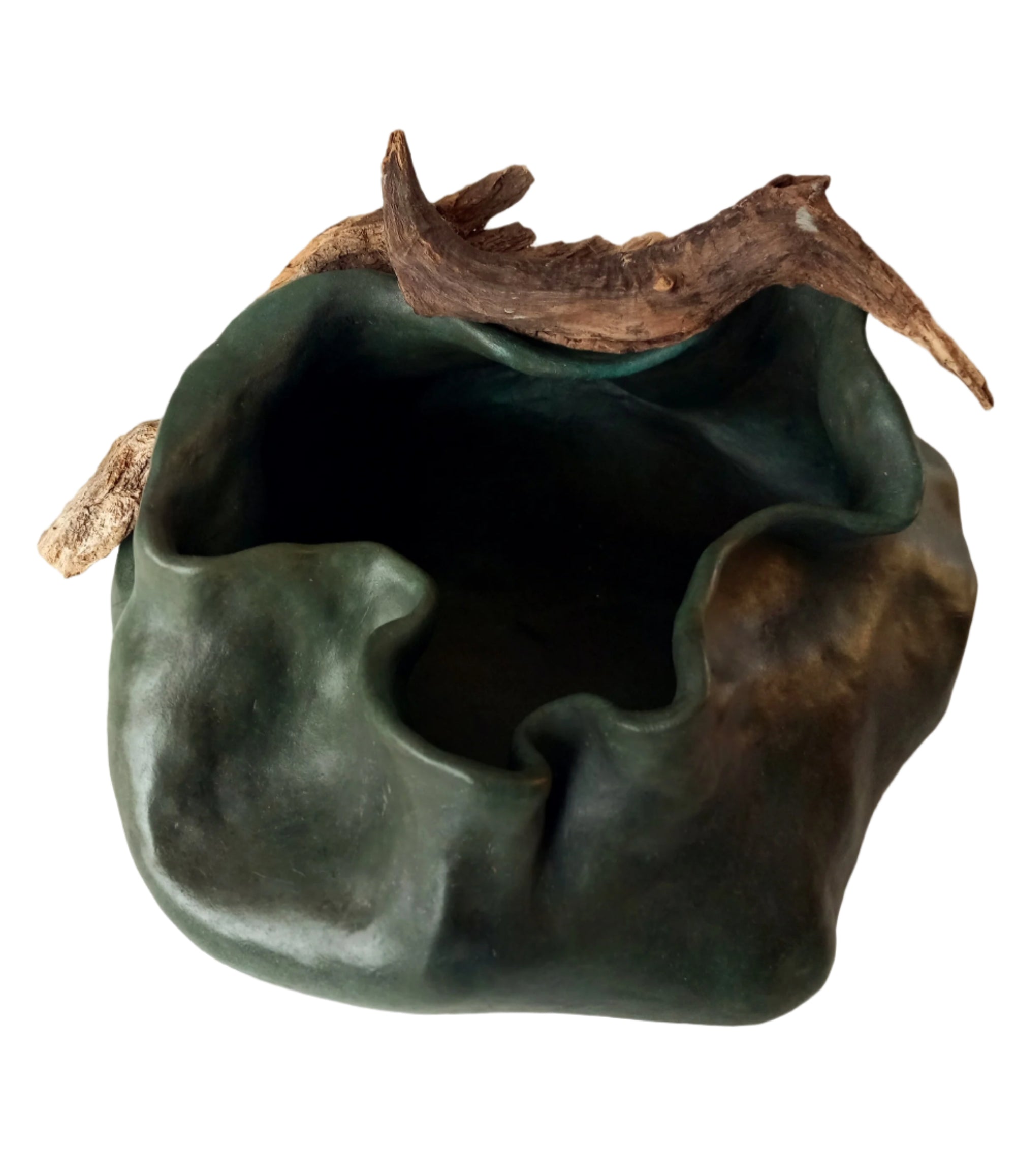 Ciotola in ceramica fatta a mano con dettagli in legno di deriva