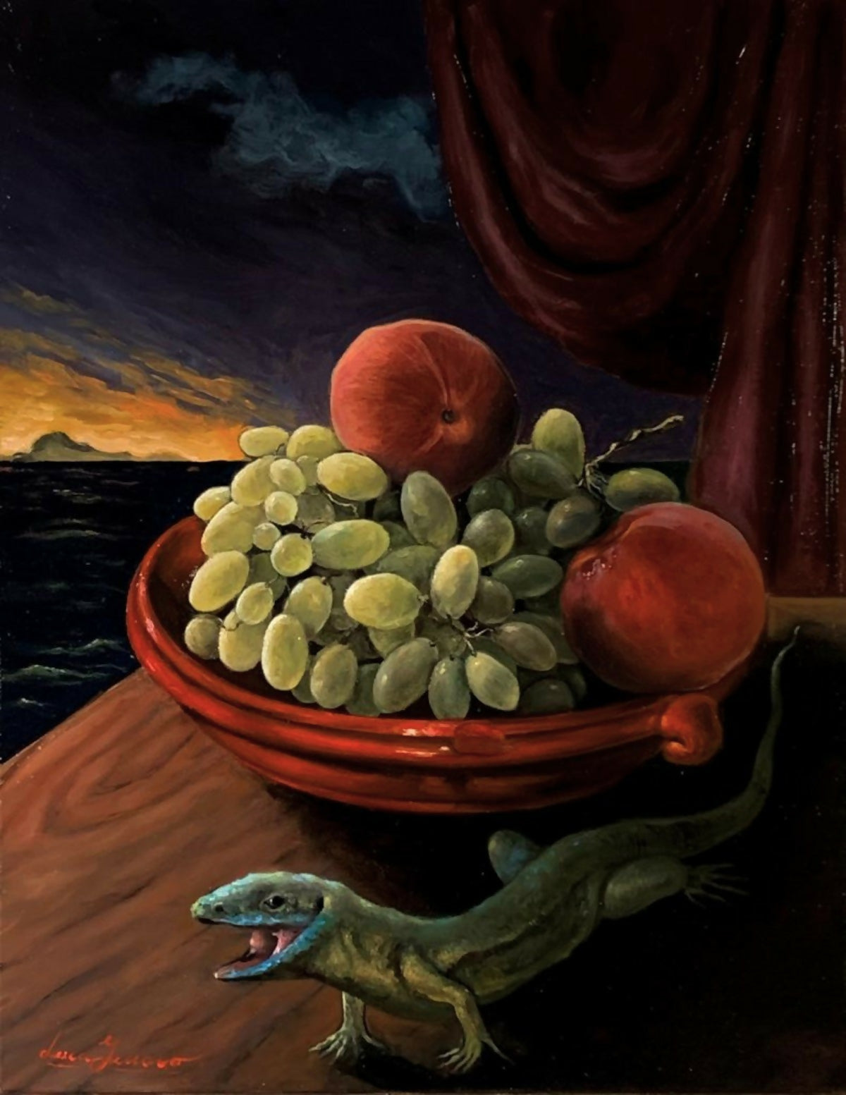 GREEN LIZARD WITH GRAPES